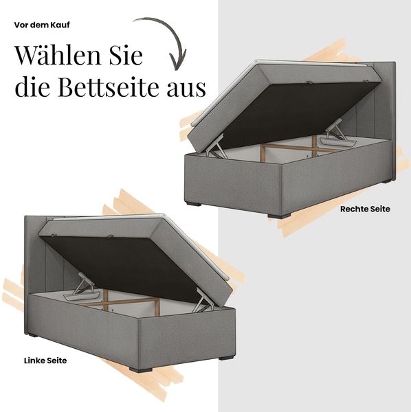Boxspringbett TILIANO 90x200 Cord inkl. Bettkasten, Einzelbett 7-Zonen Multipocket-Matratze & Topper, Modernes Design mit hohem Kopfteil - Hellgrau Cordstoff - H3 - Topper T25 Bild 9