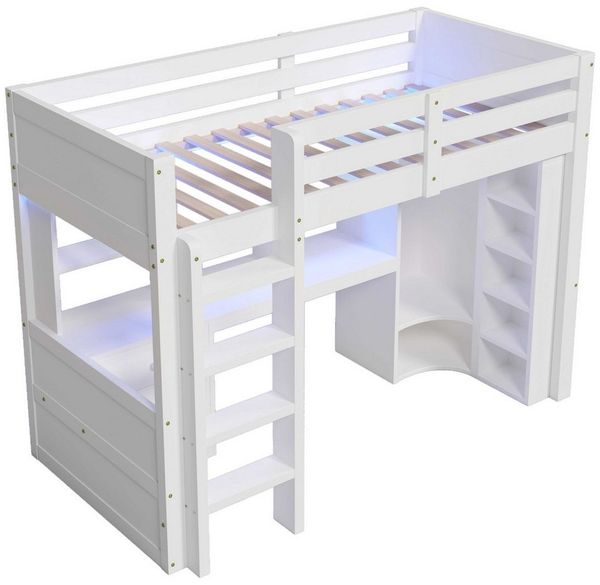 BlingBin Hochbett Kinderbett aus Kiefernholz (mit LED-Beleuchtung, integriertem Schreibtisch, Kleiderschrank, 1-St, Schubladen, offenen Staufächern, Regalsystem, Sicherheitsgeländern) multifunktionalem Stauraum-Design für Kinderzimmer – Weiß