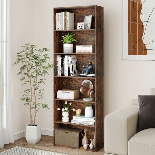 KOMFOTTEU Bücherregal, 6-stöckiges Bücherregal Standregal aus Holz mit offenen Regalböden