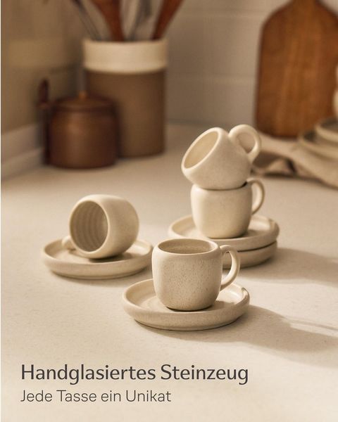 Cosumy Espressotasse 4er Espressotassen Set mit Untertassen Weiß – 90 ml Keramik Espresso, 4-tlg, Steingut, Handglasiert, Spülmaschinenfest & Mikrowellengeeignet, 4er Set