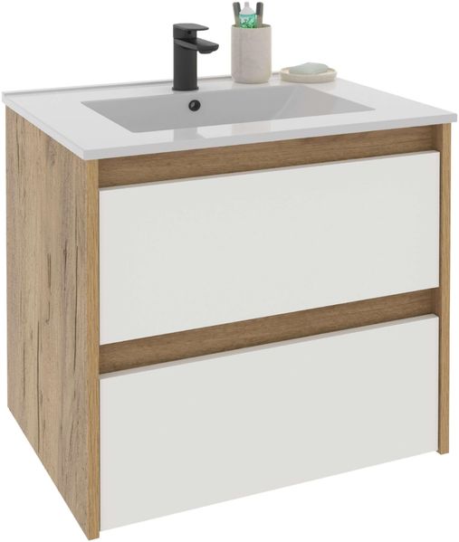MUEBLES PITARCH Badezimmerschrank, 60 cm breit, hängend, 2 Schubladen, Eiche Kraft mit weißen Schubladenfronten, für Einbauwaschbecken, moderner Stil, Modell Nil