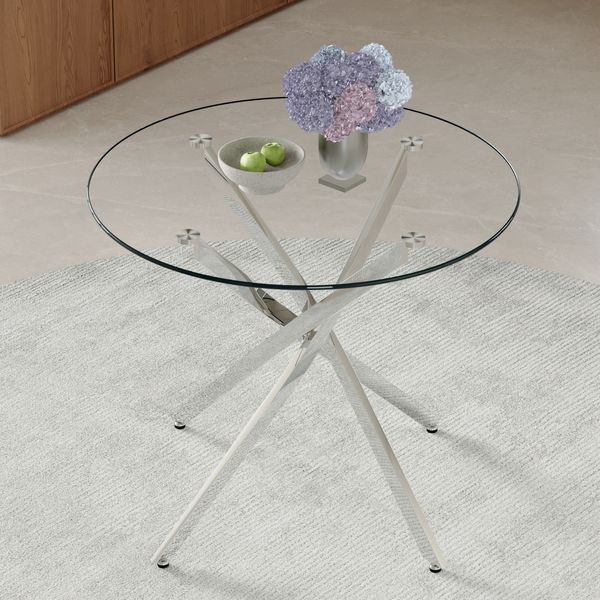 Esstisch 88x88x75 cm aus gehärtetem Glas mit silbernem Metallgestell, rund und platzsparend