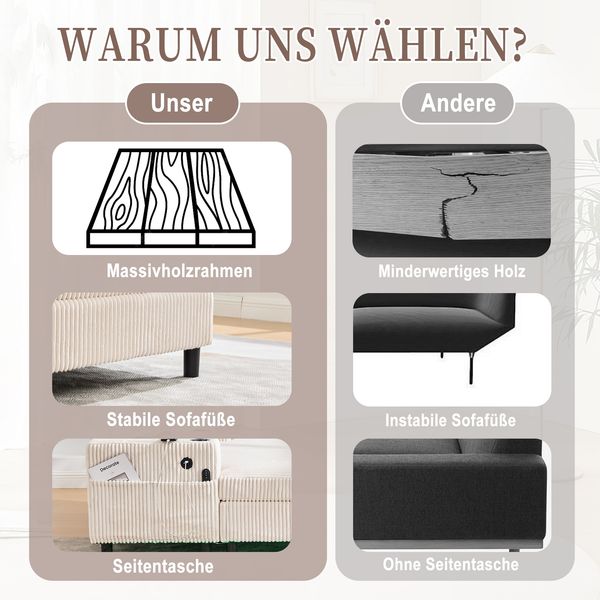 Relaxsessel mit Chaiselongue, Cordstoff, USB-Anschluss & LED, 142x128x85 cm, Beige Bild 9
