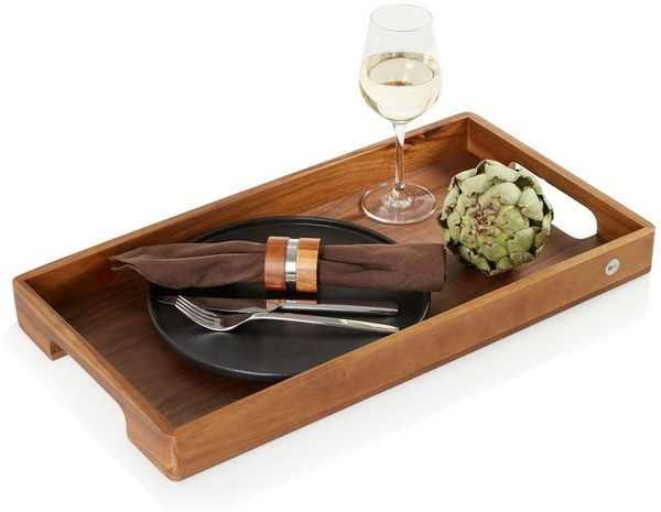 AdHoc Tablett Serviertablett Serve Smart, Akazienholz, Walnussholz, (Dekotablett rechteckig, 1-tlg), hochwertiges Frühstückstablett mit ergonomischen Griffmulden 56x30 cm