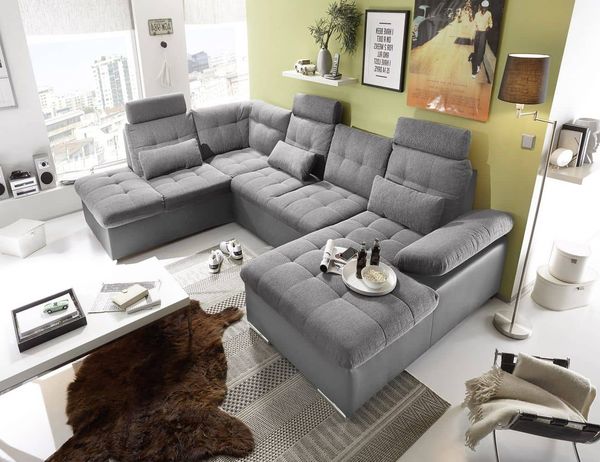 Couch Wohnlandschaft Schlaffunktion Schlafsofa grau grau hell Ottomane links