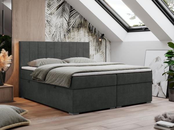 Boxspringbett, Matratze und Topper, zwei Bettkästen - LOPE - 200x200cm - Dunkelgrau Stoff - H4