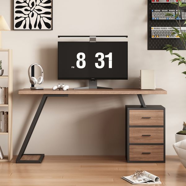 Flieks Schreibtisch 138.5 x 58 cm, Industrial Bürotisch mit 3 Schubladen, Soft-Close, verstellbarem Stauraum, Braun/Schwarz