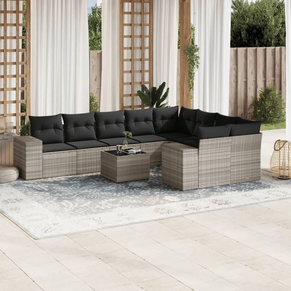 vidaXL 10-tlg. Garten-Sofagarnitur mit Kissen Hellgrau Poly Rattan 3223051