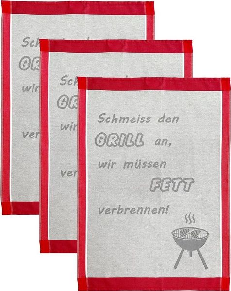 ROSS Geschirrtuch Schmeiss den Grill an, wir müssen Fett verbrennen, (Set, 3-tlg), Sprüchetuch, aus 100% Baumwolle