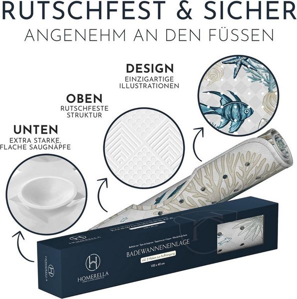 Homerella Badematte rutschfest 100% BPA frei inkl. 2 Haken zum Aufhängen 100x40cm, Antirutschmatte Badewanne hautsensitiv & schimmelresistent Bild 4