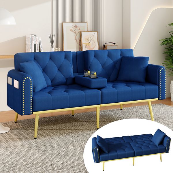 Merax Schlafsofa mit Liegefunktion, drei verstellbaren Neigungswinkeln und Getränkehalter, Stoffbezug, Blue