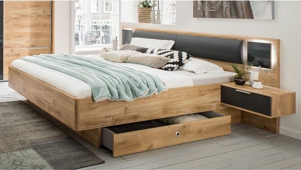 Lomadox Bett VIESTE-43, 180cm, 2 Bettschubladen, 2 Nachttischen, Beleuchtung, graphit/Eiche