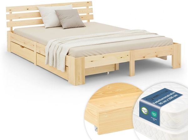 Holzbett 180x200 cm mit 2 Federkernmatratze & Bettkästen Doppelbett Bett Holzbettrahmen Natur Massiv Holz Lattenrost