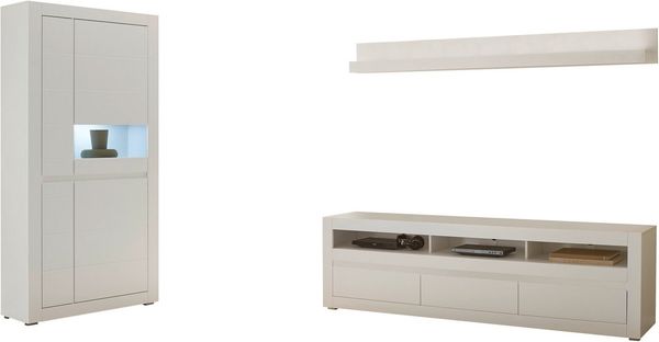 INOSIGN Wohnwand Anbauwand in Weiß Matt, Wohnzimmer-Set mit austauschbarer Blende, (Set, 3-St), enthält Vitrine, Lowboard, Wandboard, zeitloses Design, 312 cm breit