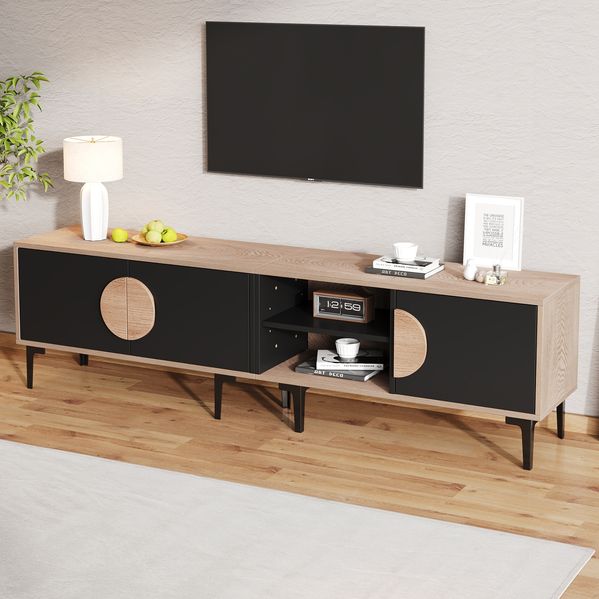 TV-Board 180 x 35 x 49 cm mit 3 Schrankfächern und 2 offenen Ablagen – TV-Schrank in Naturholzoptik und Schwarz