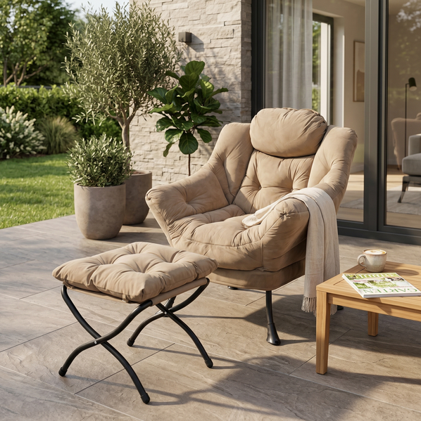Relaxsessel 72×62×96 mit Hocker in Khaki – Loungesessel mit Seitentasche, Armlehnen und Fußstütze