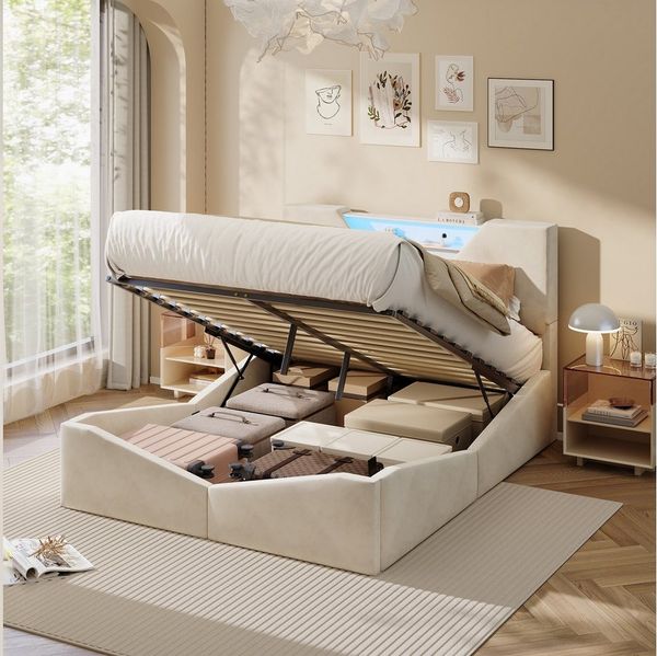 Gdood Polsterbett Stauraumbett Doppelbett LED Stauraum (1-tlg, Hydraulisch hebbarer Stauraum), Mit Bettkasten, LED-Beleuchtung, Samt, 160x200 cm