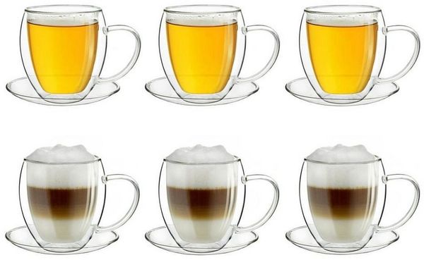 Creano Teeglas Thermotasse 6er-Set doppelwandig mit Untertasse 250ml, Borosilikatglas, 6 Gläser