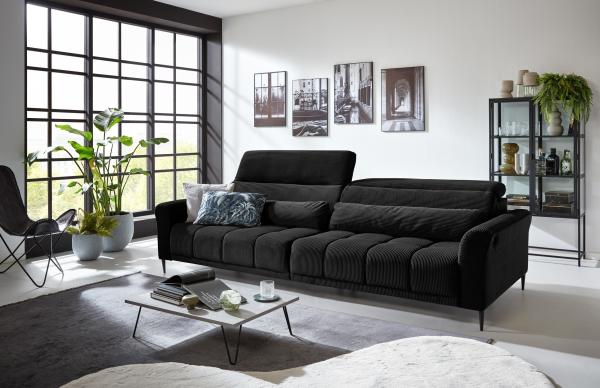 Big-Sofa >Wolve< 2x elektr. Verstellung, 2 Kissen, Cord schwarz - 280x108x118cm (BxHxT)