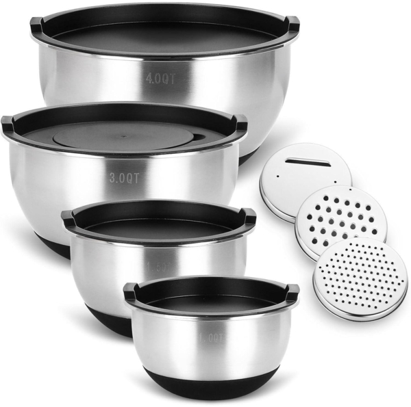 Edelstahl Schüssel Set 4-teilig mit Deckel Reibenaufsätzen QT