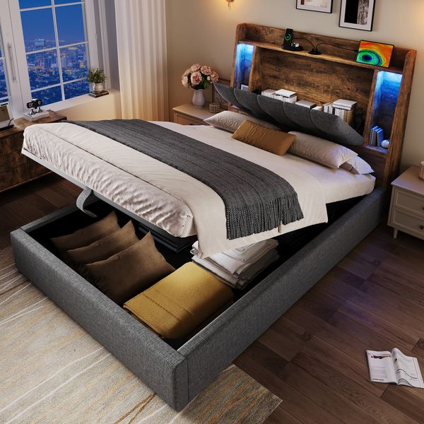 Polsterbett , 90x200 cm, Mit USB Typ-C Ladefunktion,Ohne Matratze,Flip-Top-Aufbewahrungsfach, Multifunktionale Aufbewahrung, LED-Beleuchtung, Drucktaste/Appdienung,Leinen, Grau
