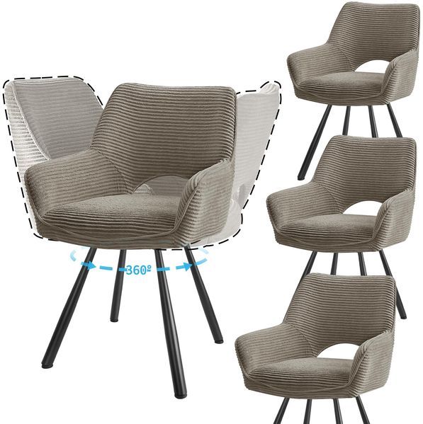 JIJIAN 4er Set Esszimmerstuhl Drehbar mit Armlehne, Drehbar 360°, Küchenstuhl, Moderner Polsterstuhl mit Stoffrückenlehne für Küche, Esszimmer, Schlafzimmer, Hellkaffeebraun