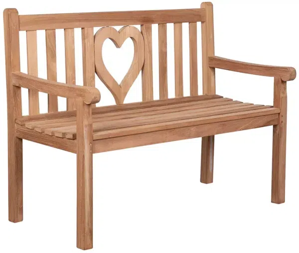 MR. DEKO Gartenbank Teak Herz 120 cm – massiv & romantisch für zwei Verliebte (2-Sitzer Bank, zerlegt geliefert, ideal für Terrasse, 1-St), Massive Sitzbank Garten und Balkon, 250 kg belastbar