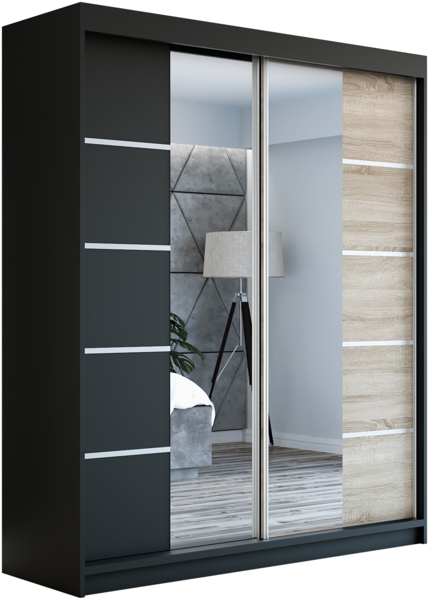 Schwebetürenschrank ERA 2-türig Schrank 180 cm (mit Spiegel) Farbe: Schwarz , sonoma