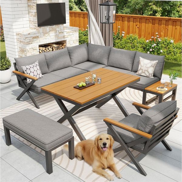 Odikalo Gartenlounge-Set Gartenmöbel Set mit robustem Metallrahmen, (mit modernem X-Design, 10cm dicken Kissen und Holztischen, verstellbare Füße für Terrasse, Balkon, Garten)