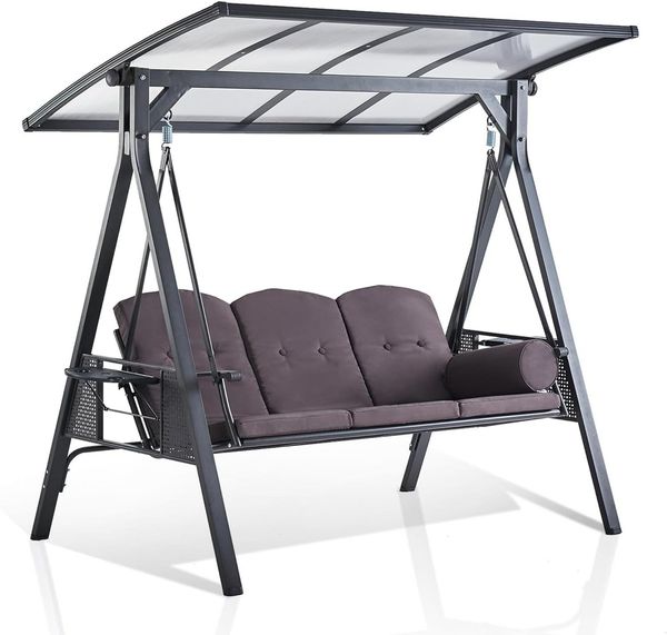 PURPLE LEAF Hollywoodschaukel Außenbereich 3-Sitzer Schaukelstuhl mit Wetterbeständigem Stahlrahmen, 3,00-Sitzer, PVC Hardtop, für Garten,Terrasse