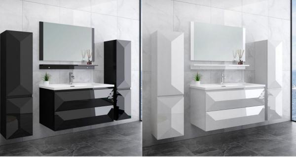 Badmöbel Set 90cm Miran Schwarz Hochglanz Keramik Becken Spiegel Badezimmermöbel 1x Seitenschrank Rechts, 1x Waschbeckenunterschrank, 1x Spiegelablage, 1x Spiegel