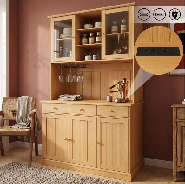 Flieks Küchenbuffet mit Steckdosen, Gläserhalter, Schubladen und Glastüren (Arbeitsplatte mit USB-C- und USB-A-Anschlüssen, 1-St, 120 x 40 x 191 cm) Hochschrank Küchenschrank Geschirrschrank mit verstellbarer Ablagen