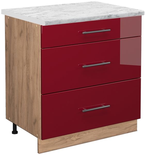 Küchenunterschrank Fame-Line Bordeaux Hochglanz 80 cm mit 3 Schubladen, AP Marmor Vicco