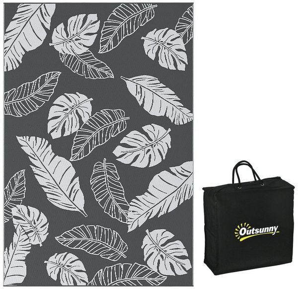Outsunny Outdoorteppich Campingteppich mit Doppelseitigem Design, Wetterfest Kunststoffteppich, Rechteckig, Höhe: 0.3 mm, für Balkon, Terrasse, Grau+Weiß, 182 x 274 cm