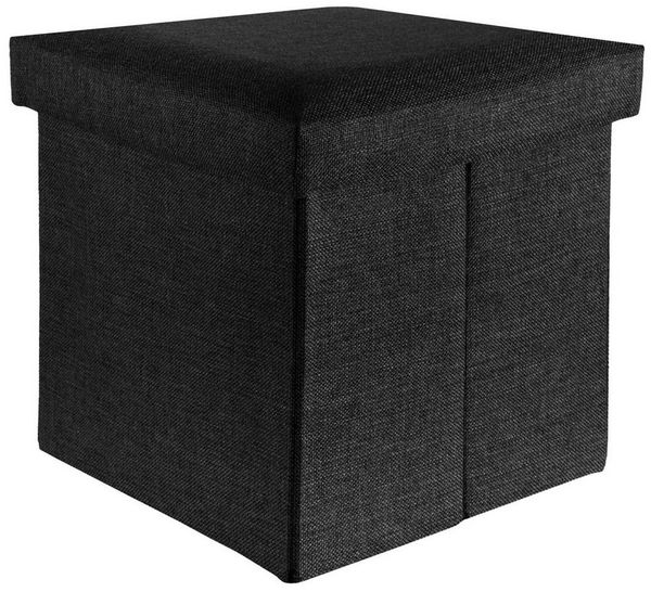 INTIRILIFE Faltbarer Sitzhocker 38 x 38 x 38 cm in Diamant SCHWARZ - Sitzwürfel mit Stauraum und Deckel aus Stoff in Leinen Optik - Sitzcube Fußablage Aufbewahrungsbox Truhe Sitzbank