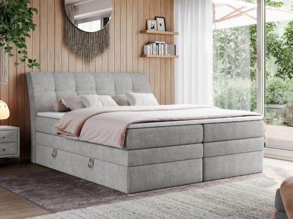 Boxspringbett, Stauraumbett, Bett mit Multipocket-Matratze und Topper - GOLD-10-KING - 200x200cm - Hellgrau Stoff - H3