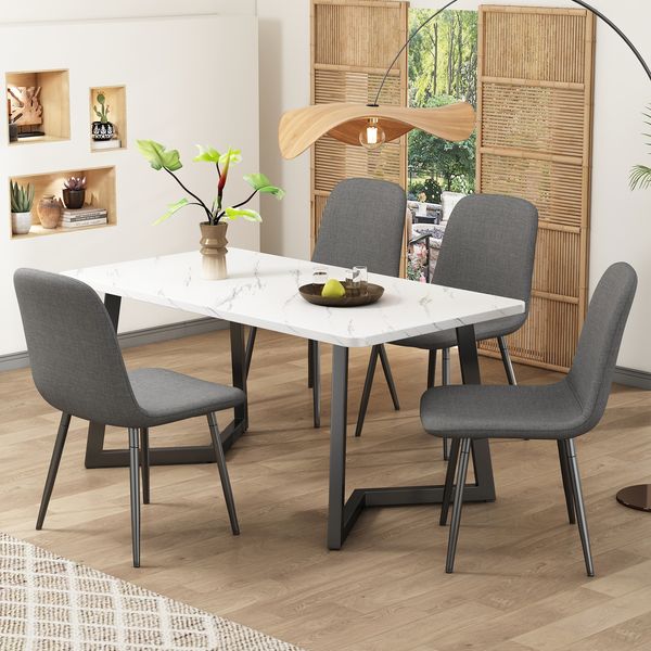 5-teiliges Esszimmer-Set Tisch + 4 Leinenstühle Grau Modern Küche Wohnzimmer Büro
