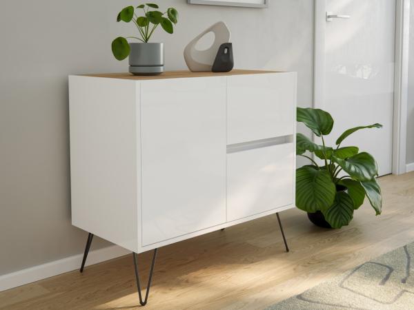 Raumwunder S Sideboard Kommode Greifraum 80cm 2 SoftClose 1 Tür Weiß/Eiche Top : Weiss hochglanz / Oak Gold