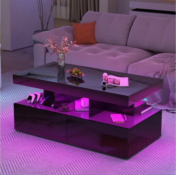 Furnishings Home Couchtisch Schreibtisch Beistelltisch LED (Hochglänzender quadratischer, 104x53x46 cm), Mit Schubladen und 16-farbigen variablen LED-Leuchten