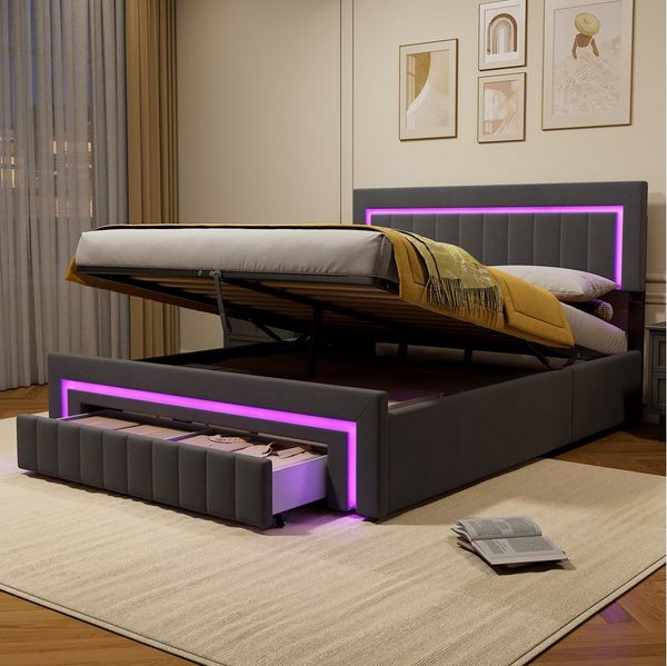 STILVORA Polsterbett 180×200 mit bettkasten,Funktionbett Boxspringbett mit LED & Schubladen (verstärkter Metallrahmen, stabiler Lattenrost, Gepolstertes Kopfteil, Bettkasten mit Hydraulik, Bettgestell mit Gepolstertes Kopfteil), mit einem Hebeseil, Sam...