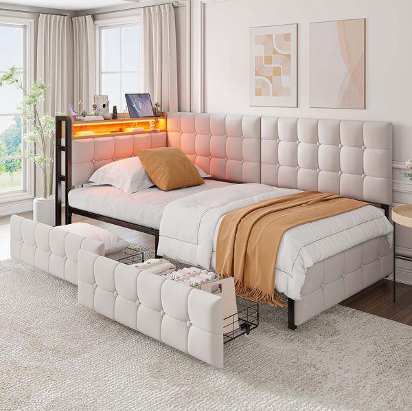 Schlafsofa 90x200 cm mit 2 Schubladen, LED-Lichtleiste und USB-/Typ-C-Anschluss in Beige