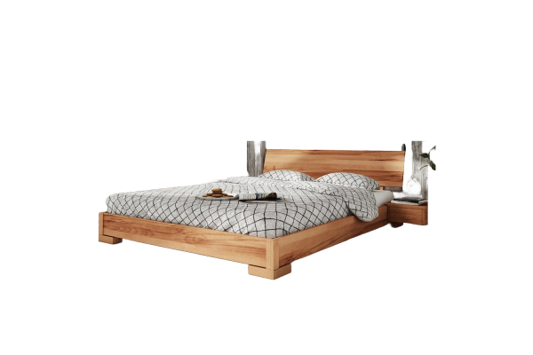 Bett Bento 3 Sonderlänge 160x220 Kernbuche massiv mit Holzkopfteil und Holzbeine