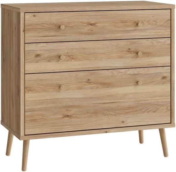 Forte HARLLSON Sideboard 90, Mid-Century-Modern Stil, leichte Montage Dank EasyKlix by Forte, 3 Schubladen, Holzwerkstoff, Mauvella Eiche Holzdekor, 89,8 cm breit x 86,5 cm hoch x 41,5 cm tief