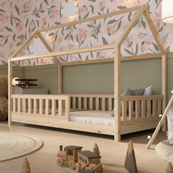 Crazy Pine 'Crazy Blanco' Hausbett mit Rausfallschutz, Skandinavisches Design, Naturholz, Natur, 90x190 cm, mit Höhenverstellbaren Beinen