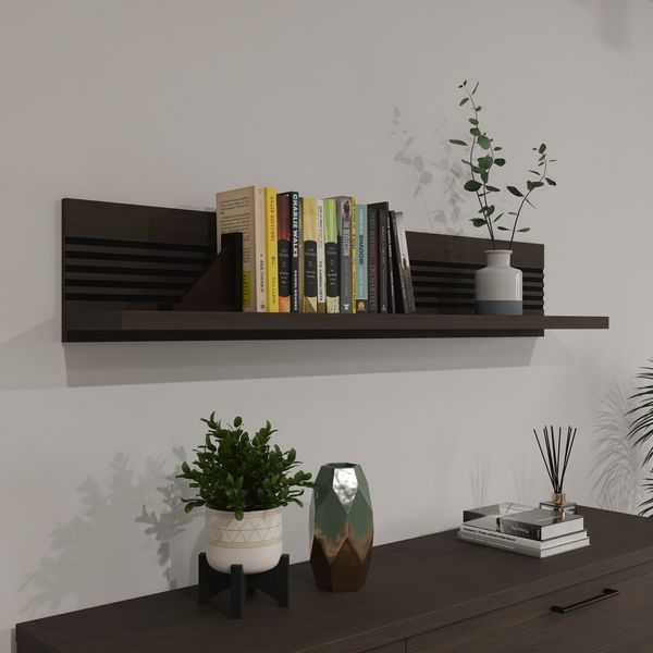 Forte EUFEMIUS Wandregal 140, modernes Wandpaneel mit dekorativer Fräsung, Dunkelbraun|Schwarz Eiche Holzdekor, 140 cm breit x 25,3 cm hoch x 22 cm tief
