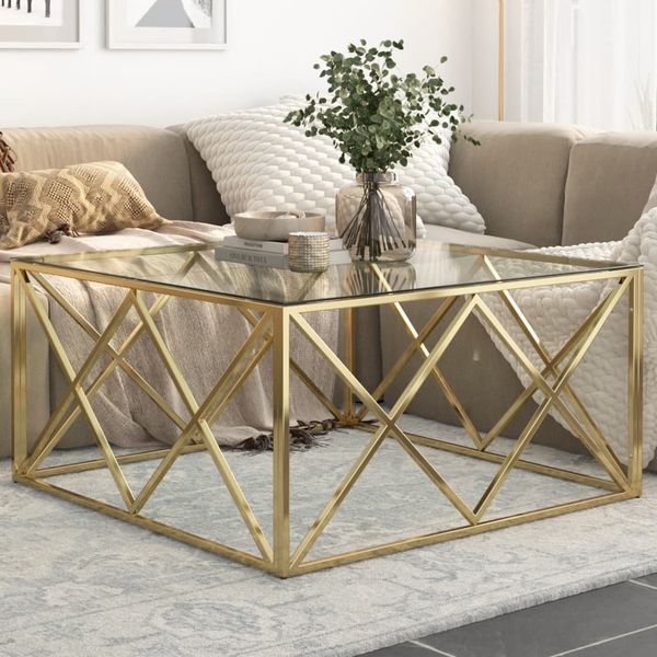 vidaXL Couchtisch Golden Edelstahl und Hartglas 349978