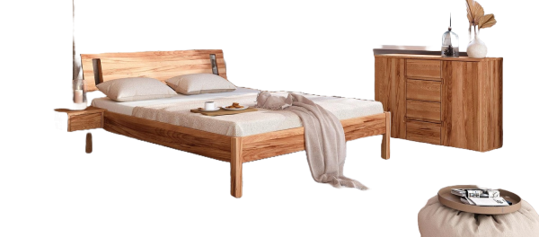 Bett Bento 8 aus Kernbuche massiv 140x200 cm mit Holzkopfteil und Holzbeinen