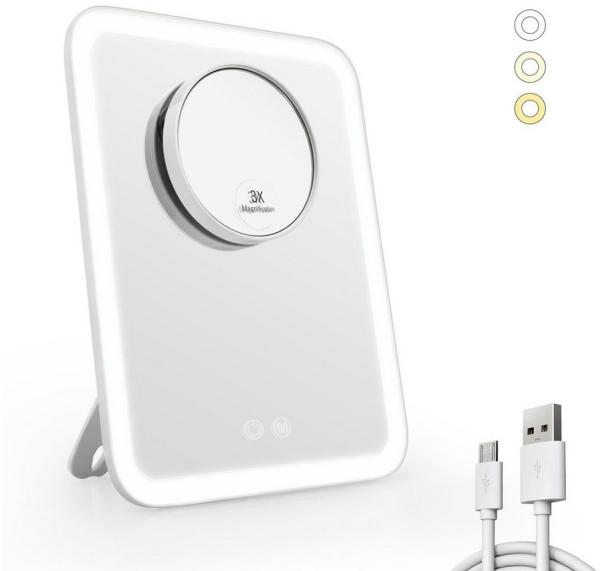 EMKE Kosmetikspiegel mit Beleuchtung, 3 Lichtfarben und 3X Fach Vergrößerungsspiegel Schminkspiegel mit licht-180° Drehbar USB Wiederaufladbar, Makeup Spiegel mit Vergrößerung