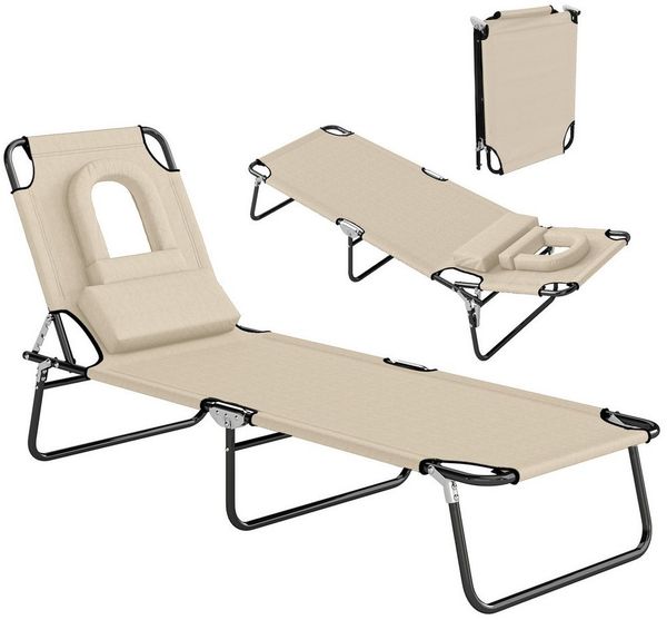 Outsunny Gartenliege mit Gesichtsloch, Kopfkissen, 4-Fach verstellbare Rückenlehne, Liegestuhl, 1 St, Sonnenliege, bis 120 kg belastbar, für Garten Strand Pool Beige