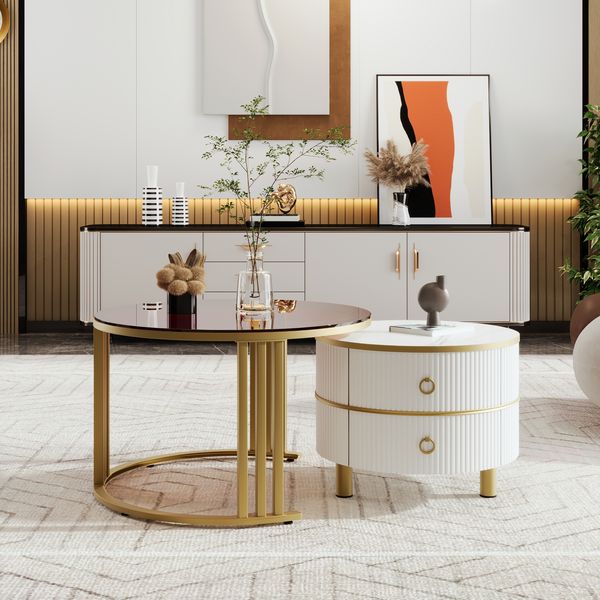 Couchtisch 2-teilig Set mit brauner Glasplatte Hochglanz, Schubladen, Gold Metallbeine,Gold und Weiß